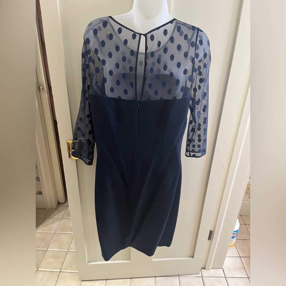 Elegant Navy Blue Dress with Sheer Polka Dot Sleeves - Picture 3 of 5